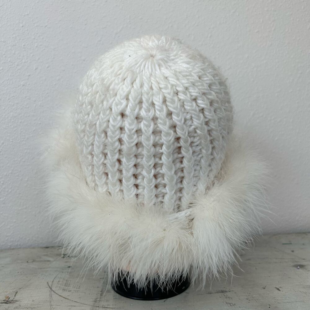 Vintage Chunky Knit Beanie Hat Feather Trim Y2K Winter Snow Bunny ski white - Picture 8 of 16